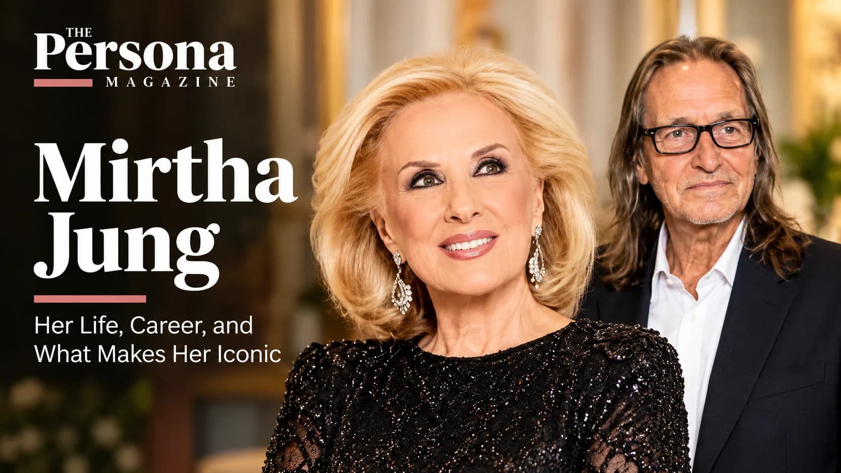 Mirtha Jung in an elegant black outfit alongside a man in glasses, featured in a profile exploring her life, background, and personal story.