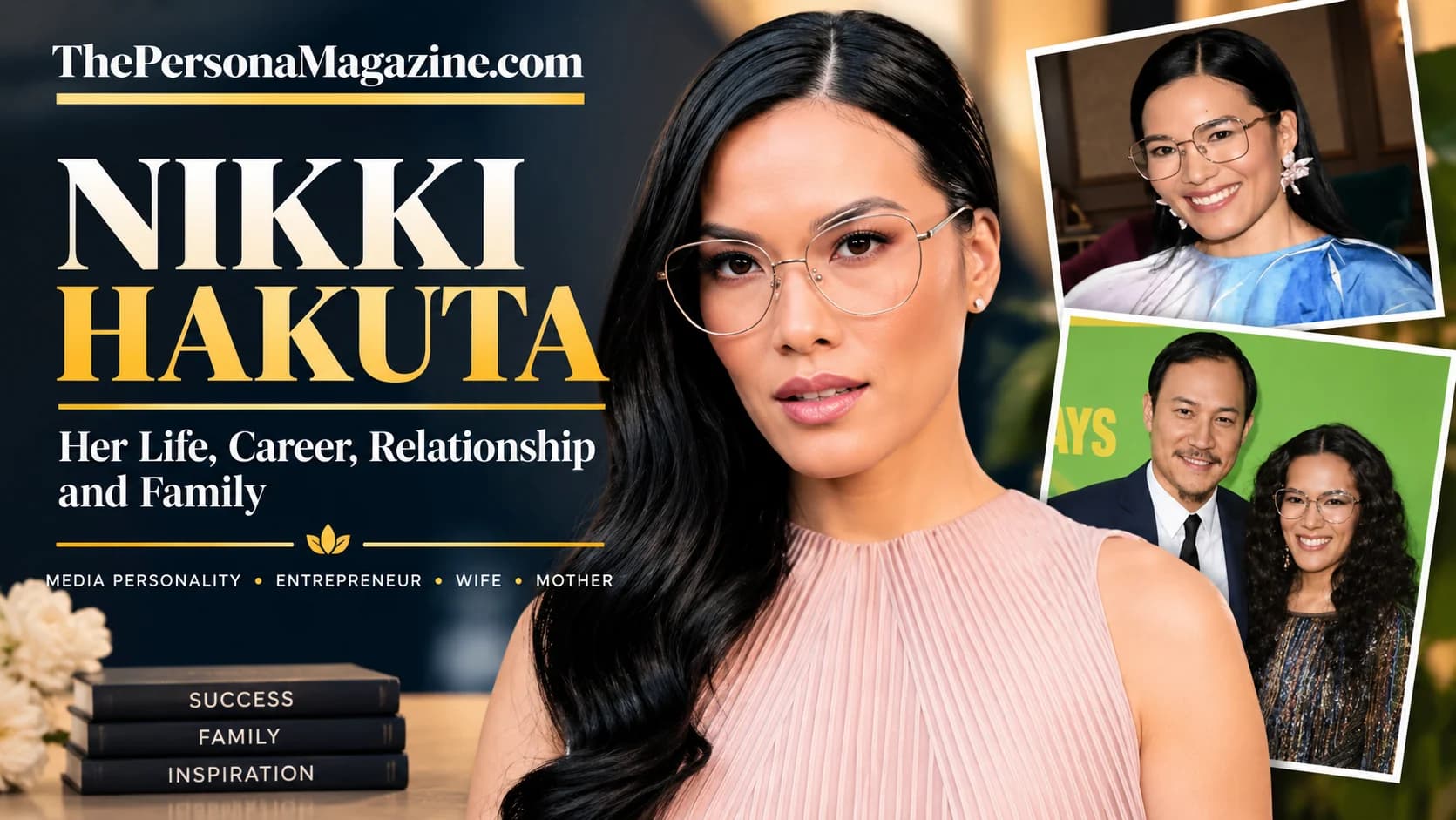 Nikki Hakuta wearing glasses in a featured portrait, alongside family photographs, for an article exploring her personal life, family background, and relationship.